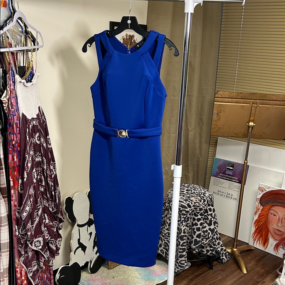 Guess Royal Blue Belted Midi Dress